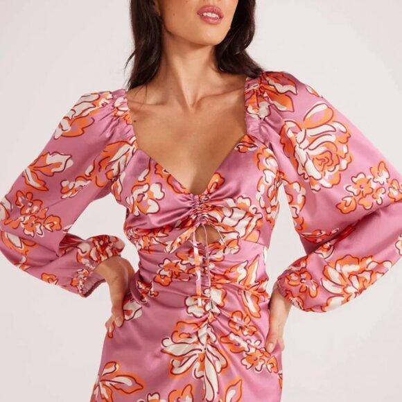 NWT - Minkpink Mandevilla Ruched Mini Pink Floral Print Dress Size XLarge - Picture 1 of 7
